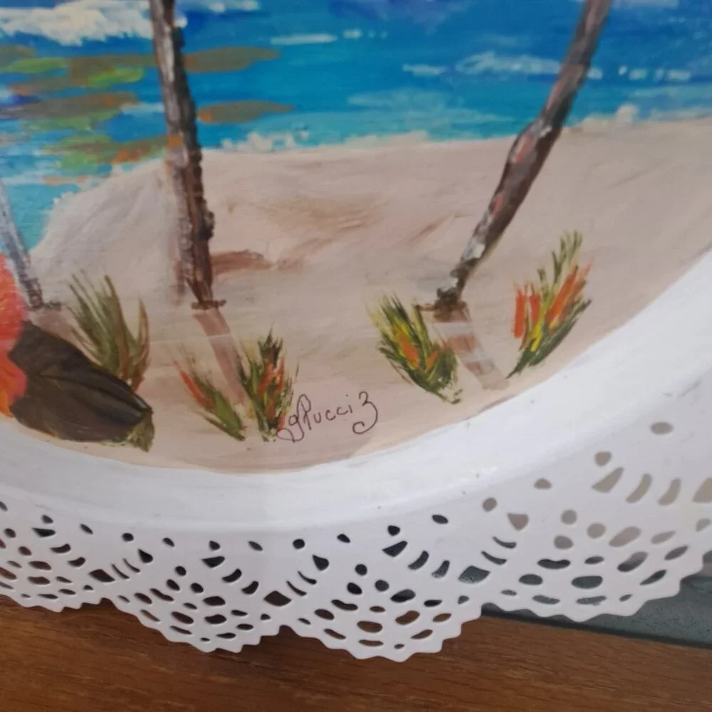 Hand Painted Filigree Edged Tray Multicolor Signed